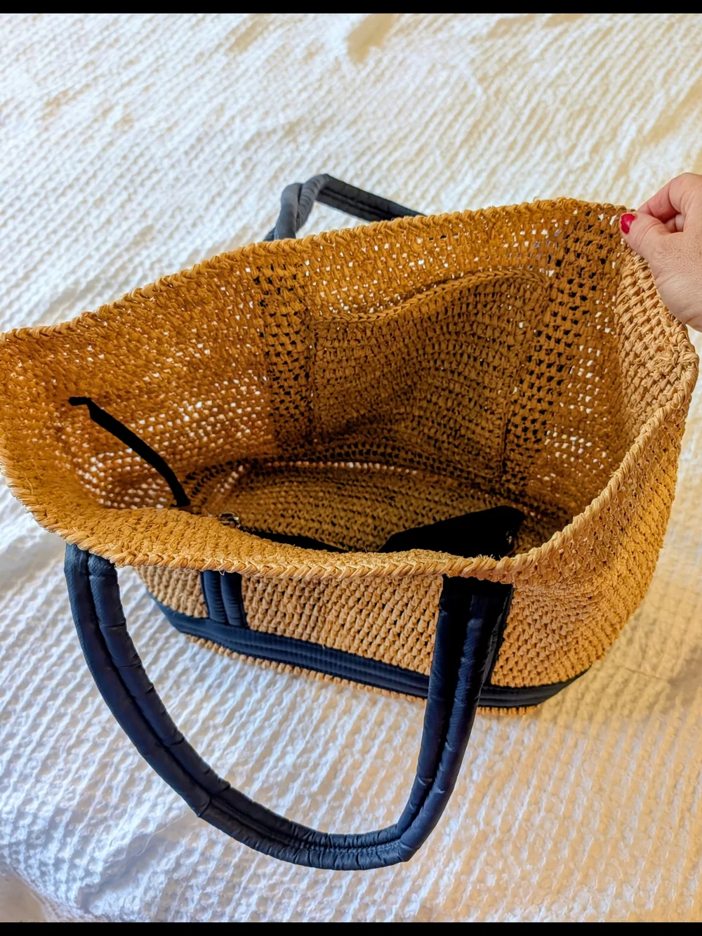 MZ Wallace Tan Woven Tote with Navy Trim and Removable Pouch